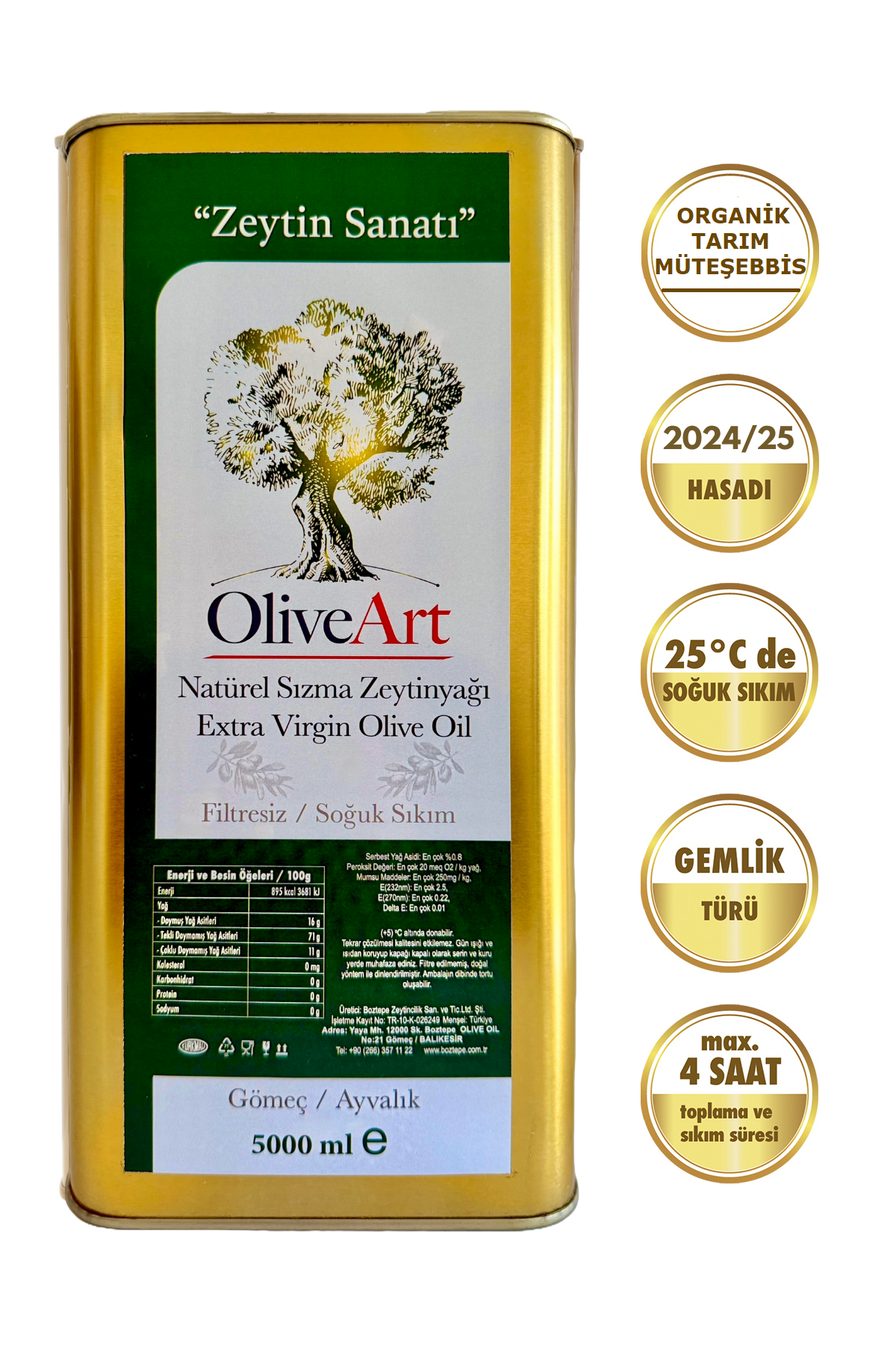 2024/25 5 lt OliveArt Natürel Sızma Zeytinyağı 0,3 Asit Soğuk Sıkım Filtresiz