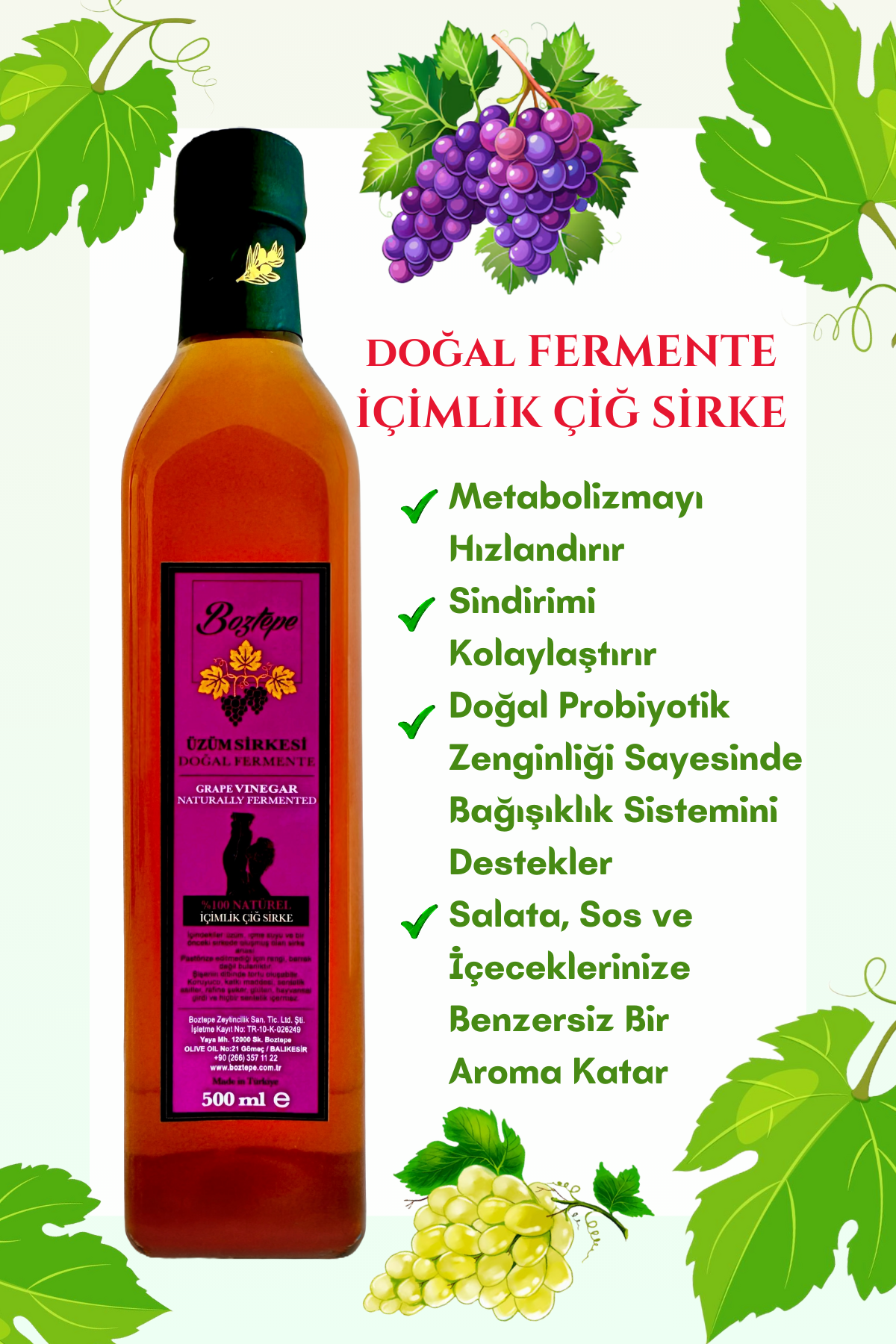 Boztepe 500 ML Üzüm Sirkesi Doğal Fermente Cam
